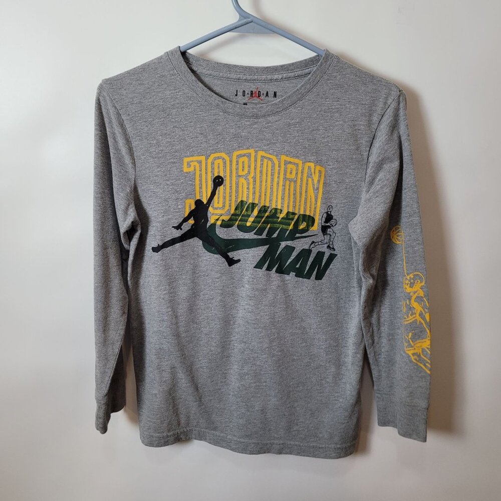 Jordan Boys Jumpman Long Sleeve Graphic Tee Size M 10-12 Gray Cotton